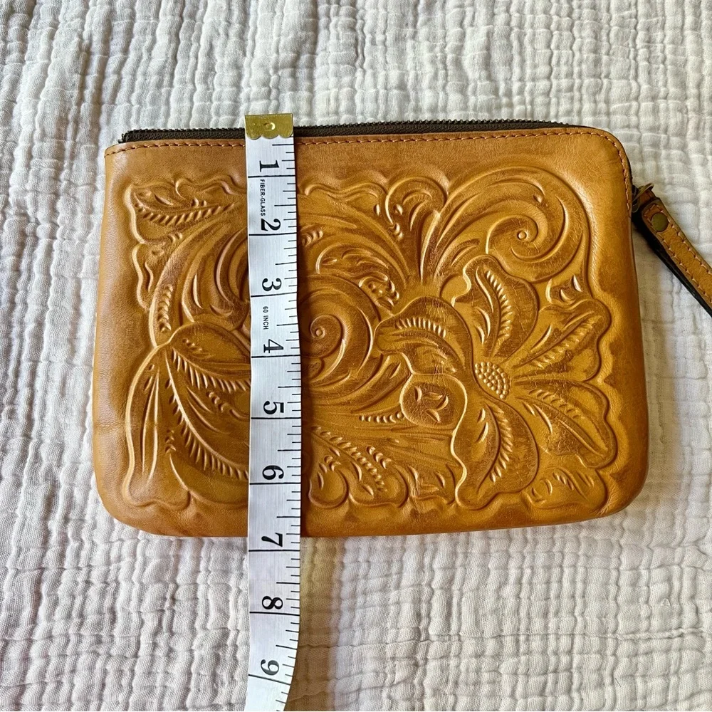 Patricia Nash Camel Tan Tooled Leather Cassini Embossed Floral Zipper Pouch